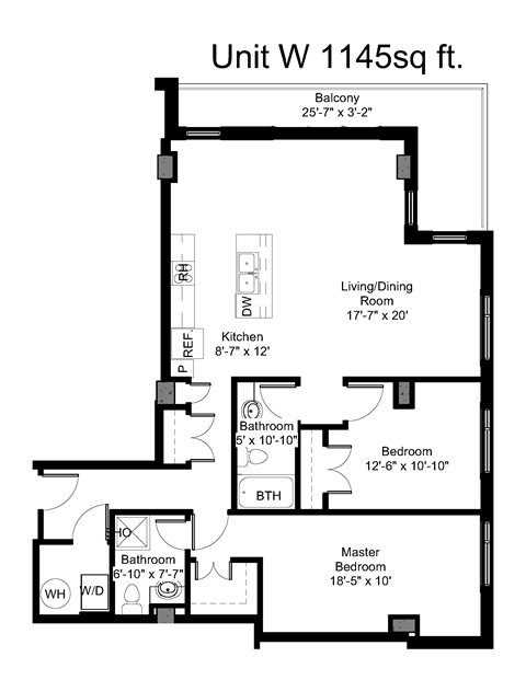 Floor plan for 2 beds, 2 baths, 1144 sqft
